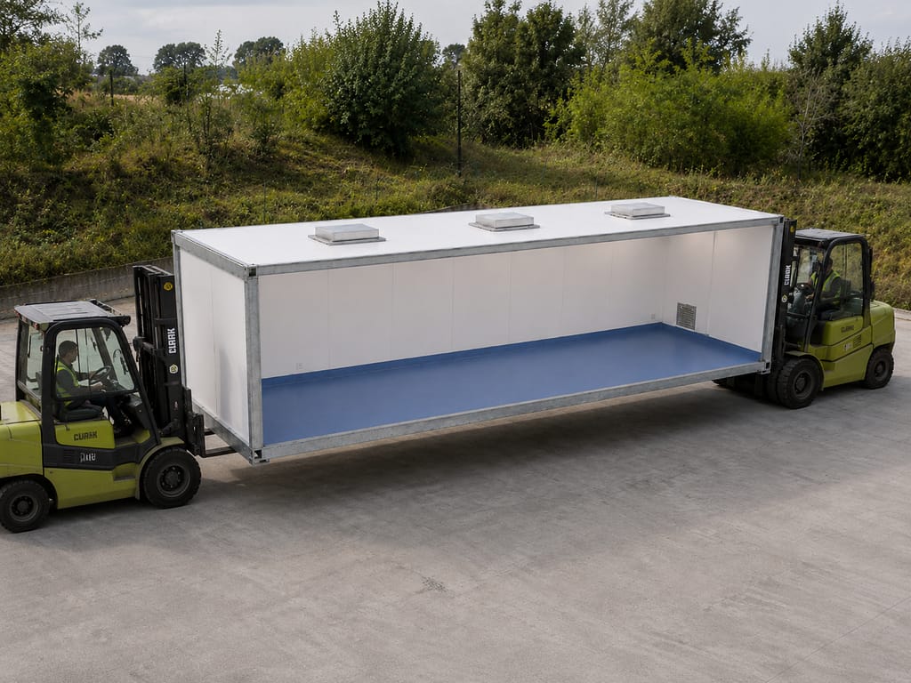 module de salle blanche transportable manutentionné par deux chariots élévateurs