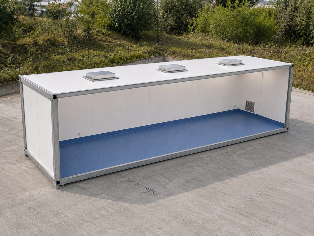 module individuel de salle blanche avec panneaux blancs et sol bleu antistatique