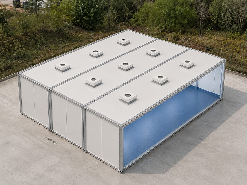 salle blanche modulaire extérieure avec plusieurs modules assemblés et toiture technique