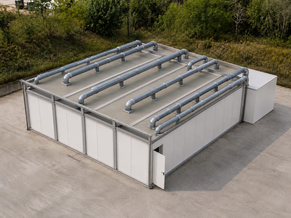 salle blanche modulaire extérieure avant pose du bardage de toiture avec gaines de ventilation visibles