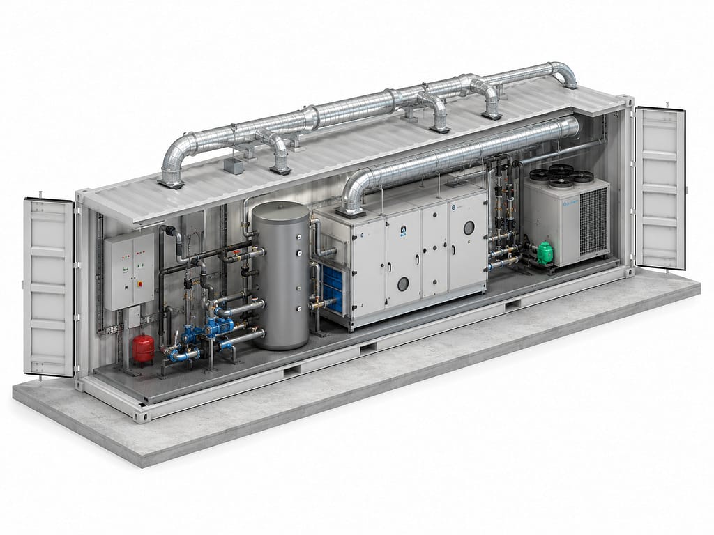 conteneur technique 12 mètres pour salle blanche modulaire ISO 7 avec traitement d’air et groupe froid