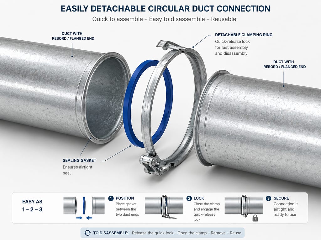 gaine de ventilation démontable avec collier rapide pour salle blanche modulaire