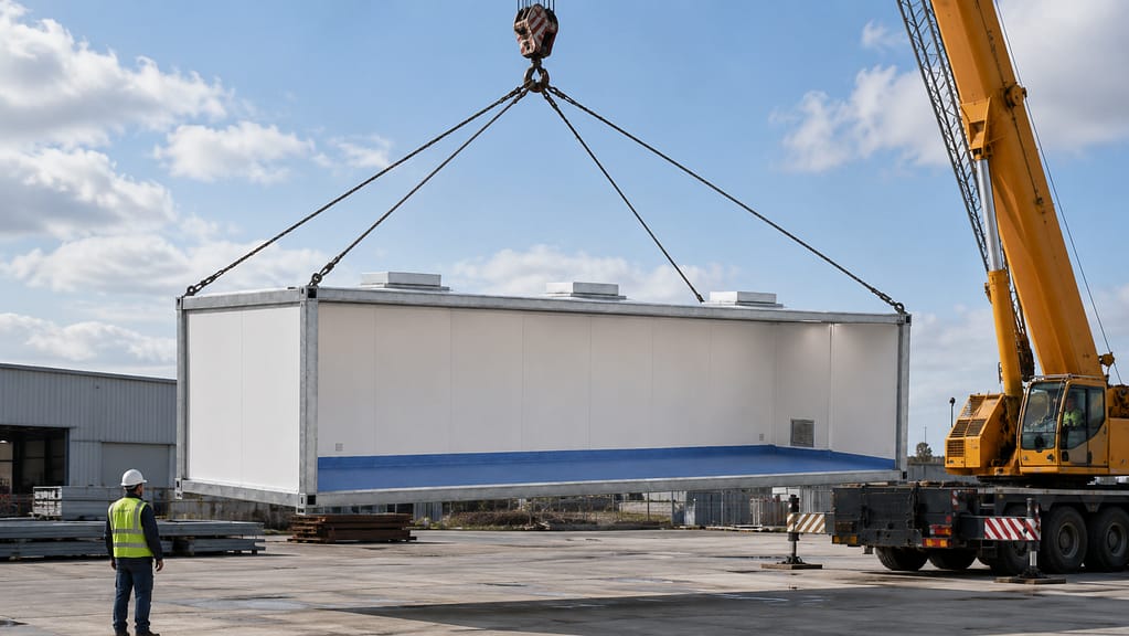 module de salle blanche ISO 7 suspendu par grue avant installation sur site