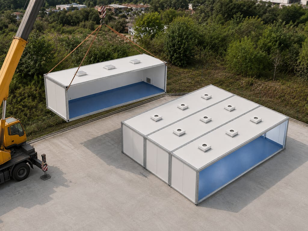 salle blanche modulaire ISO 7 installée à l’extérieur avec toiture de protection